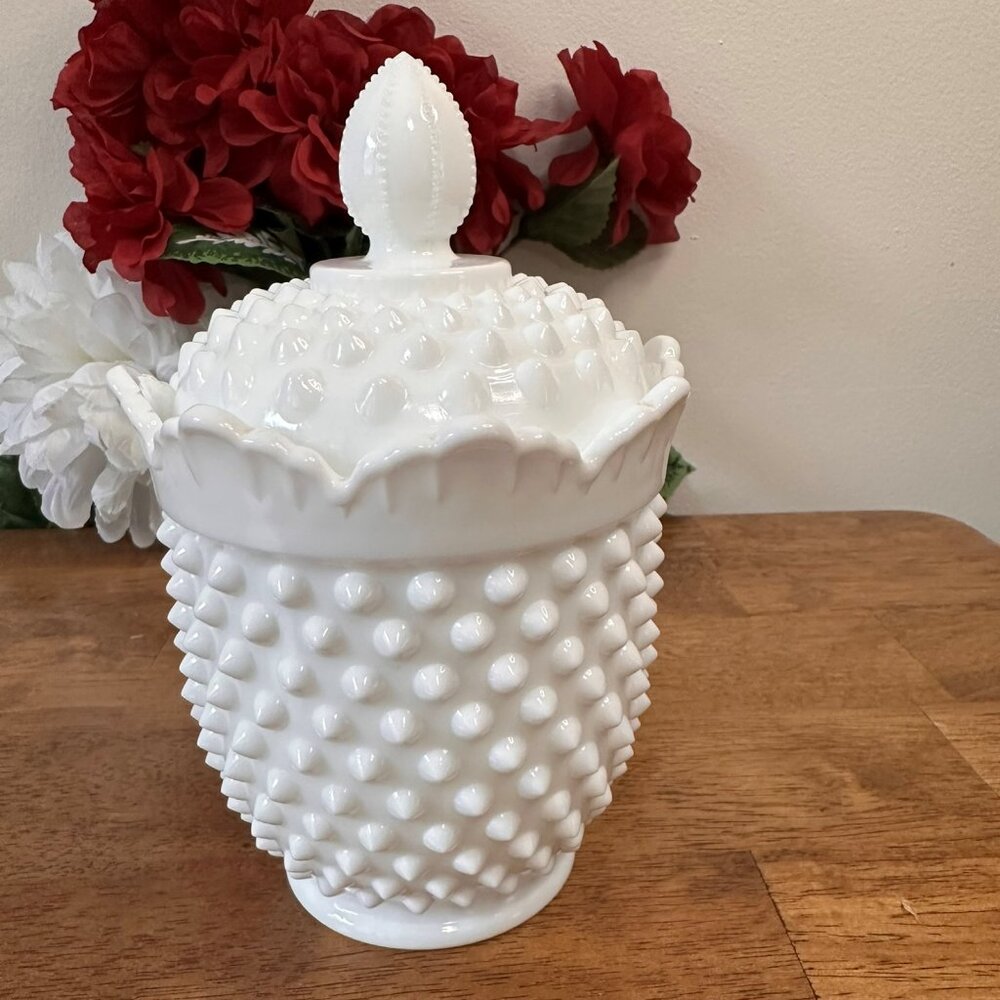 Vintage Fenton White Milk‎ Glass Hobnail Ruffled Candy Jar Lidded Compote